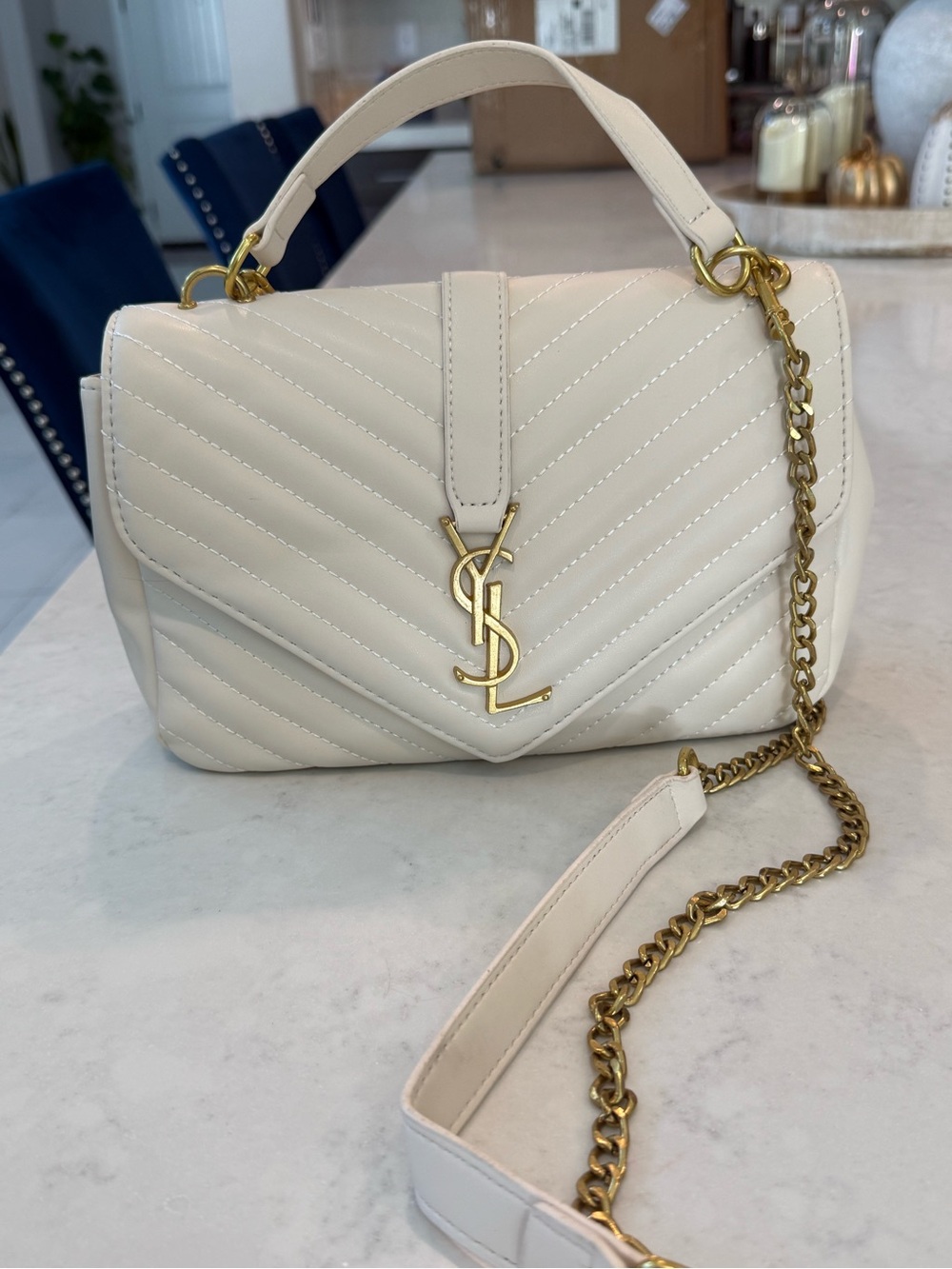 Cream Quilted Leather Top-Handle Crossbody with Gold Hardware